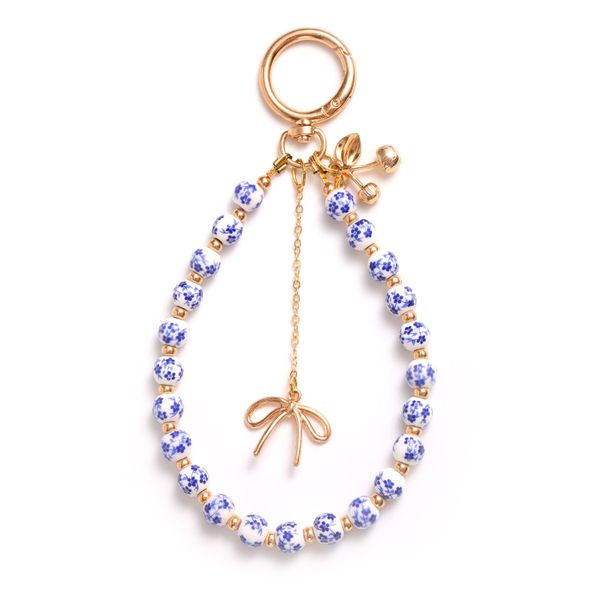 Cherry Keychain Wristlet for Women, Beaded Bag Charm with Gold Bowbot