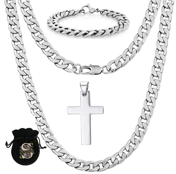 Solid Bulky Stainless Steel Cuban Men Necklace &amp; Bracelet Set