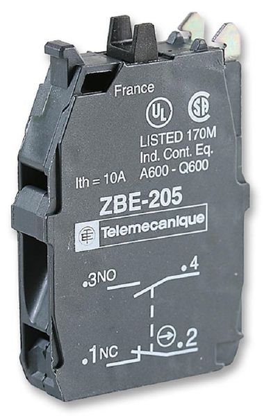 Schneider Electric (ZBE205) Contact Block, 1NO/1NC, 10 A, 600 V, 1 Pole