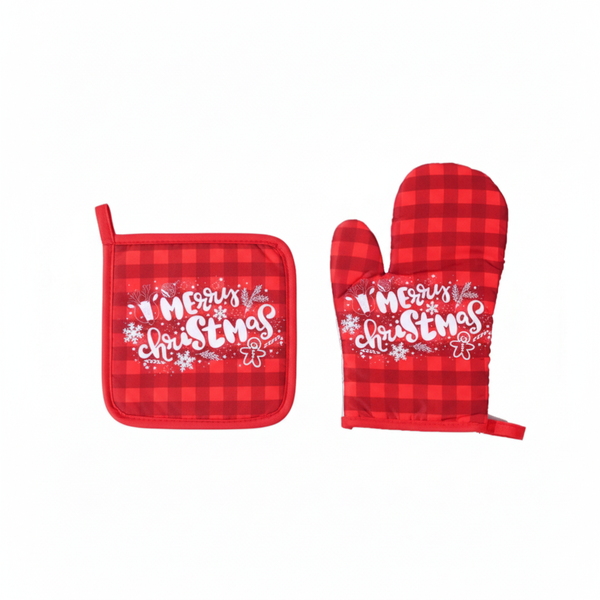 2 Piece - Merry Christmas Oven Mitt &amp; Pot Holder Set - Red
