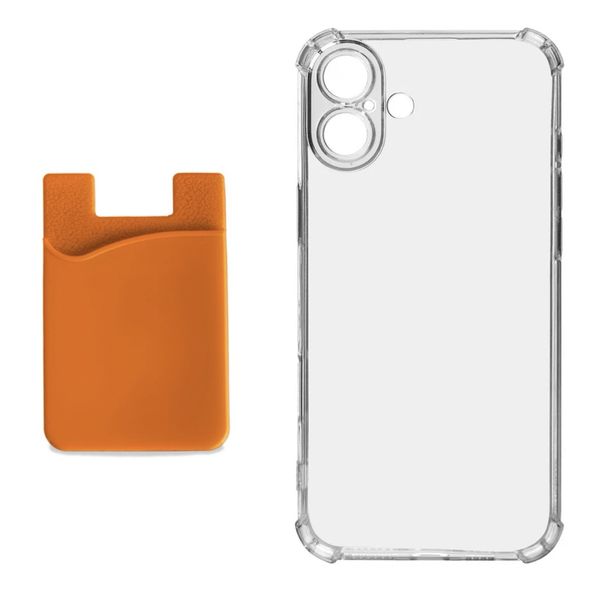 Clear Cover For i Phone 16 - Cover with Rubber Card Holder - Orange