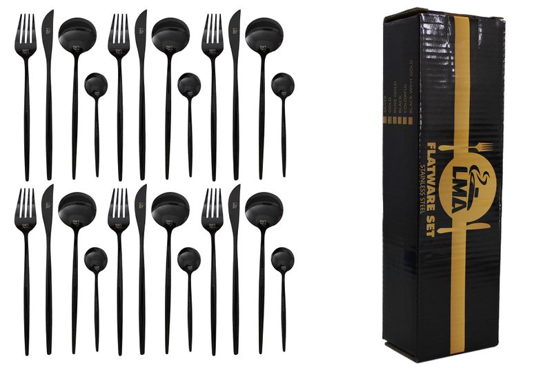 LMA Branded 24 Piece Stainless Steel Black Box Series Flatware Set
