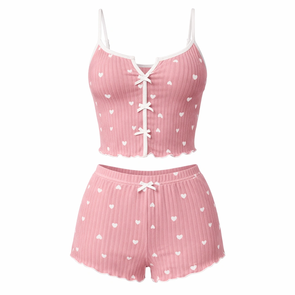 Two Piece Heart Print Pajama Set - Pink