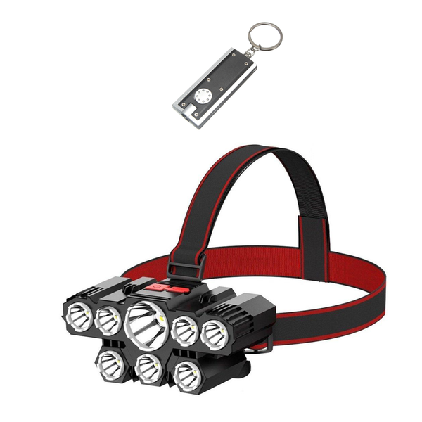 Super-Bright Rechargeable Head Torch with 8 LEDs + LED Keyring Torch