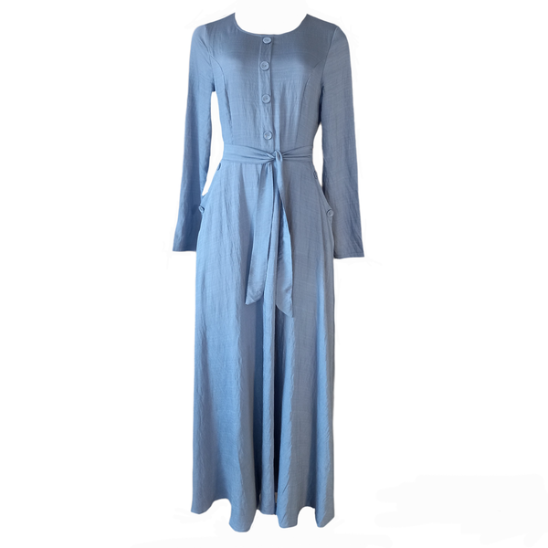 Ladies Blue Dress with Belt and Side Pockets
