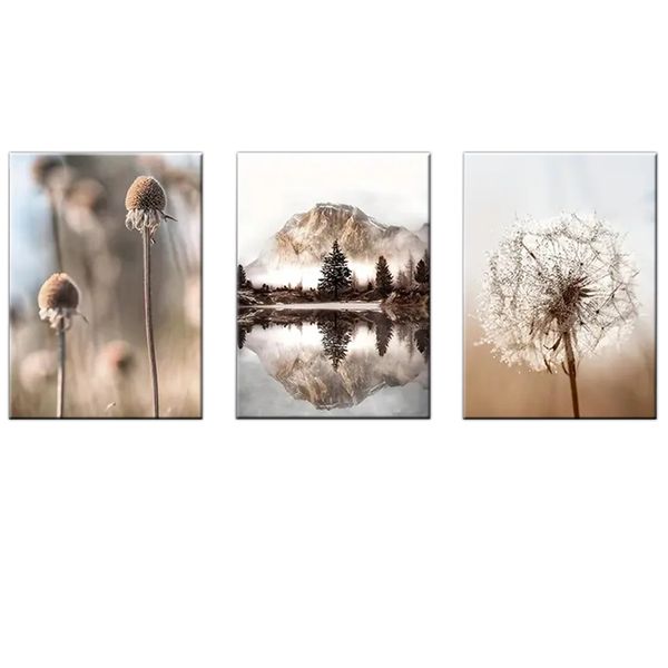 Canvas-Art-3 Pieces Rustic Mountain &amp; Dandelion Flower Abstract Wall Art