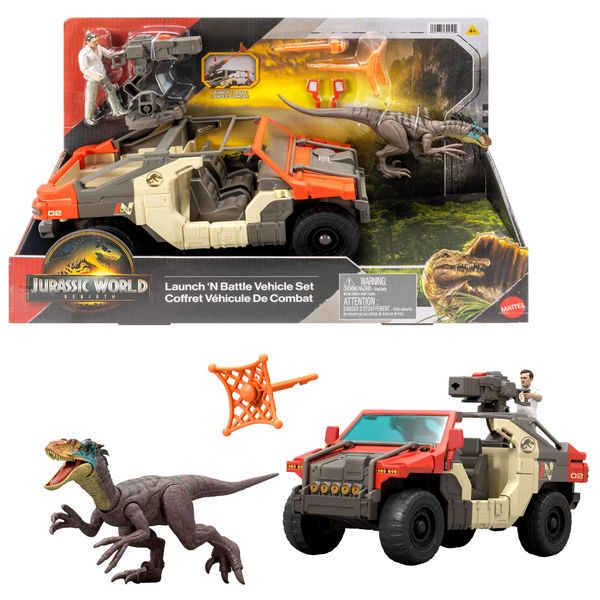 Jurassic World Rebirth Launch 'n Battle Vehicle with Human &amp; Raptor Figure