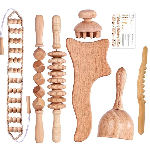 7PC Wooden Therapy Massage Tools,Massager Roller Set,Gua Sha&amp;Scraping Stick