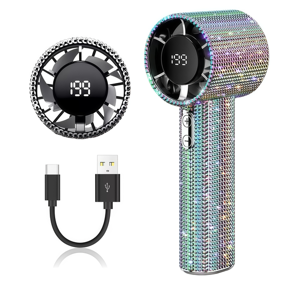 199-High Speed Handheld Fan - Full Rhinestone Digital Fan, IPX4 Waterproof