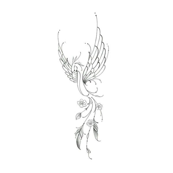 Thin Line Y2K Style Phoenix &amp; Floral Temporary Tattoo - Black