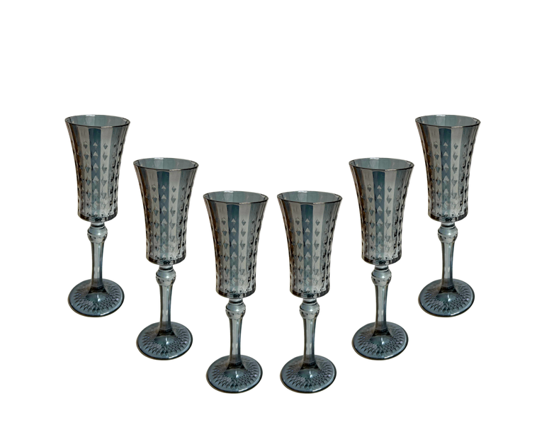 Crystal Vintage Smokey Black Champagne Glasses- Diamond Cut - Set of 6