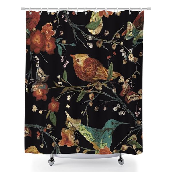 Botanical Bird Print Shower Curtain for Bathroom Set with 12 Plastic Hooks