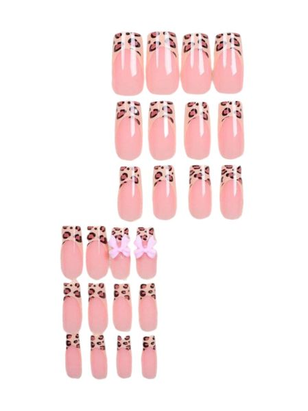 24 Piece - Square Leopard Print French 3D Rhinestone Nails - Multicolor