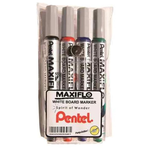 Pentel Maxiflo Whiteboard Markers Bullet Point Pump Action Set of 4
