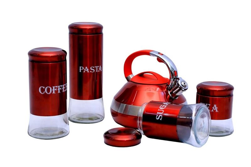 GB Red Tea Kettle &amp; 4-Piece Kitchen Canister Set