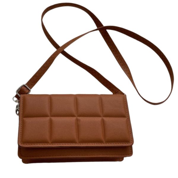 Mini Grid Patterned Faux Leather Adjustable Crossbody Bag - Brown
