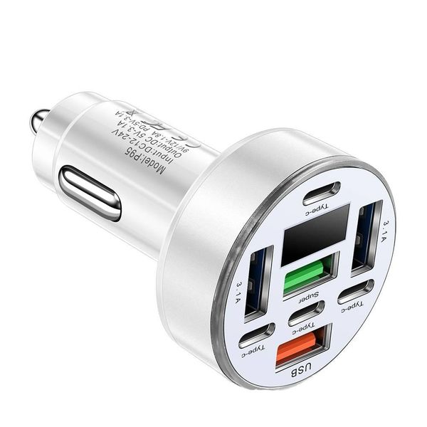 White 40W 8-in-1 Car Charger 4USB+4PD Volt Display