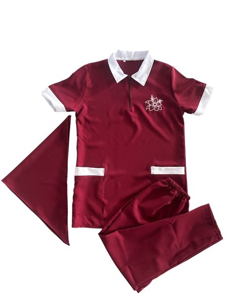 Domestic Uniform 3 Piece - Burgundy and White Top and Pants Set