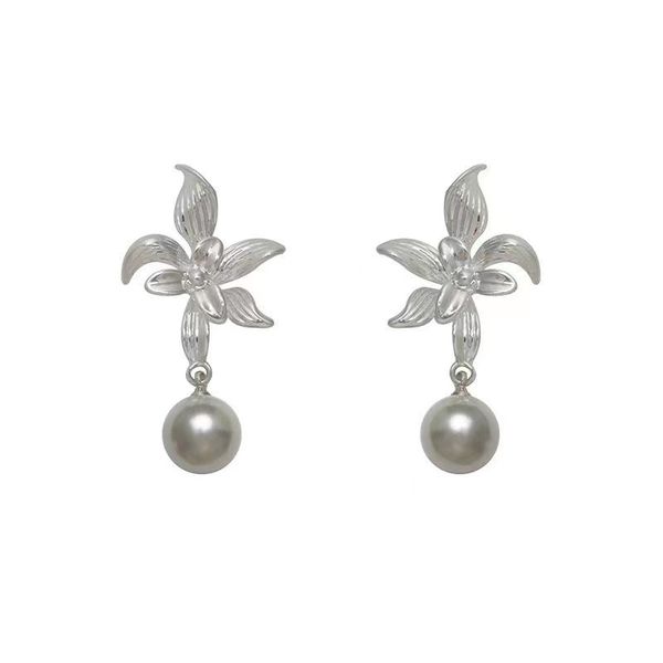 Elegant Flower-Shaped Tassel Bead Earrings-Silver Gray