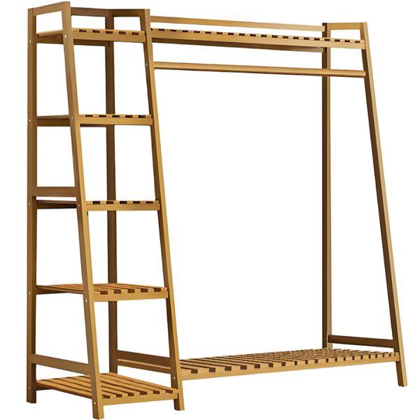 Bamboo Wood Garment Rack with Storage Shelf Floor-standing Clothes Rack