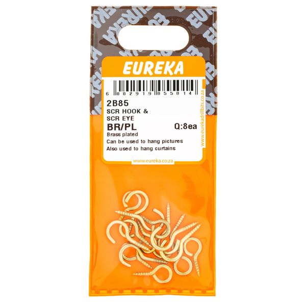 EUREKA Screw Hook &amp; Screw Eye Brass Plated Q:8ea 2B85