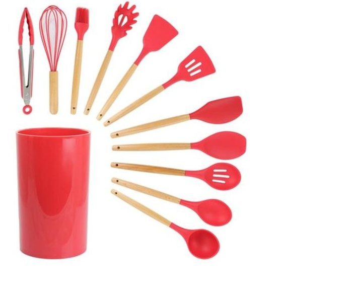 12 Piece Silicone Kitchen Utensils Set With Wooden Handles