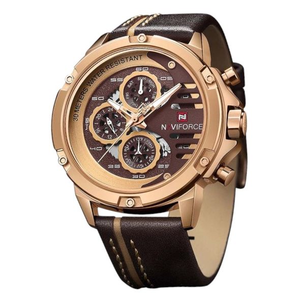 NAVIFORCE - Water Resistant Quartz Watch With Multi-Function Display -Brown