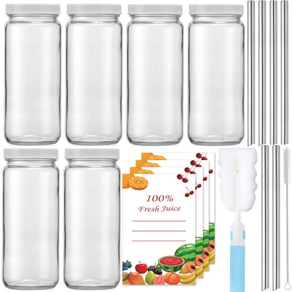 6Pack 16 OZ Glass Juice Bottles with Lids and Straws, Juicing Glass Bottles