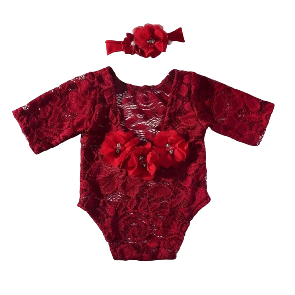 Blertsie Newborn Photography Outfit - Red Lace Jumpsuit Set