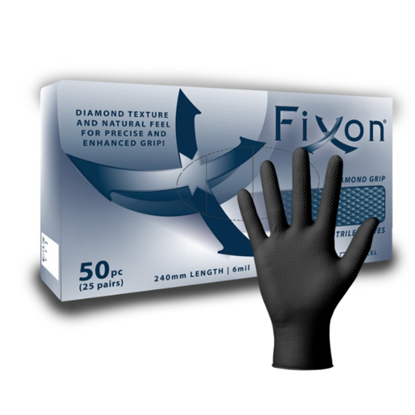 Fixon Nitrile Diamond Textured Glove 6mil 240mm Black (50 Piece/25 Pairs)