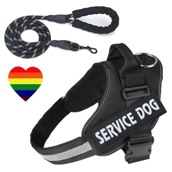 Pet Adjustable Service Dog Harness with Lead Black &amp; Heart Sticker