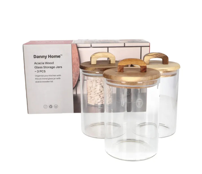 Danny Home 800ml Glass Food Storage Jars with Acacia Wood Lid - 3 Piece
