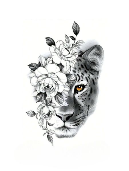 Floral Leopard Themed Black Semi Permanent Tattoo