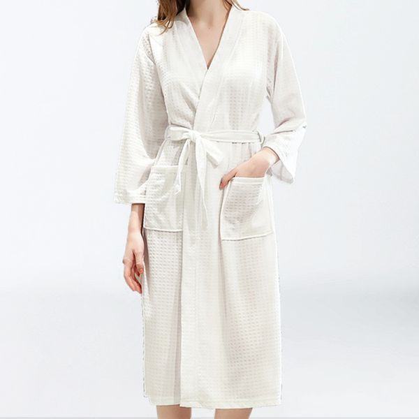 Mens Women Spa Bathrobes V-Neck Lace Up Pajamas Pocket Robe Cotton Shawl