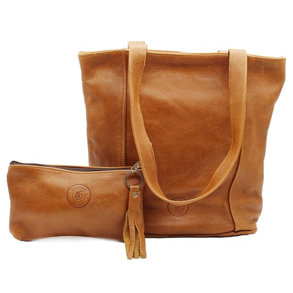 Minx Genuine Leather Mckenzie Handbag and Makeup Bag Combo - Brown