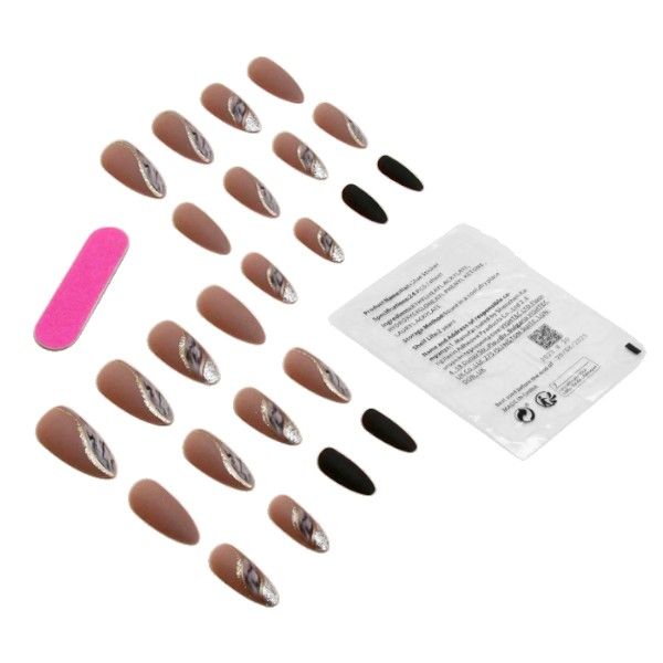 24 Piece - Almond-Shaped Nude &amp; Metallic Marble Press-On Nail Set