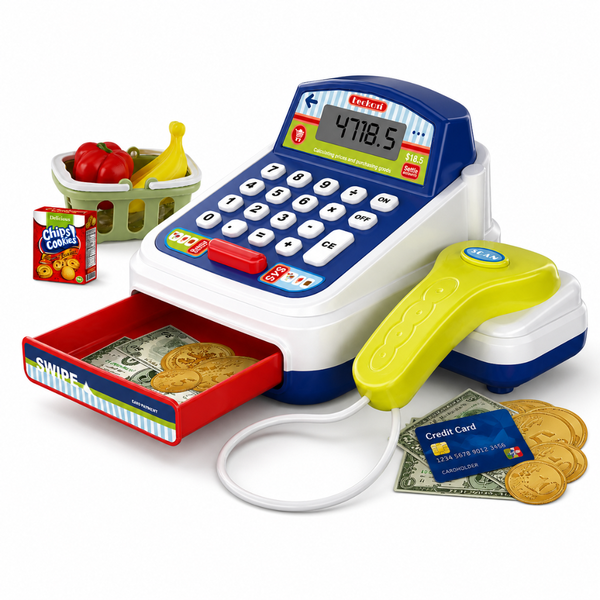 Toy Cash Register Set with Scanner, Play Money &amp; Groceries for Kids
