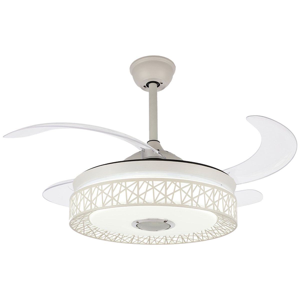 White Retractable Ceiling Fan With Bluetooth Speaker and Led Light