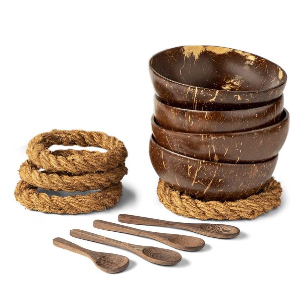 Set Of 4 Coconut Shell Bowls + Wooden Spoons &amp; Holders For Salad