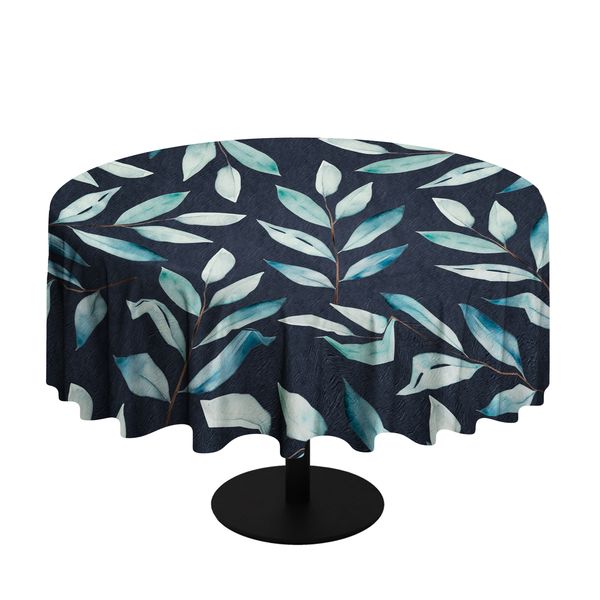Charcoal Waterpainted Blue Leaves Round Tablecloth