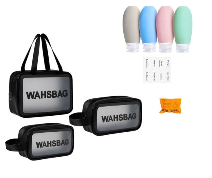 3 Pcs Cosmetic Wash Bag (Black) &amp; Mini Travel Bottles &amp; Travel Towel