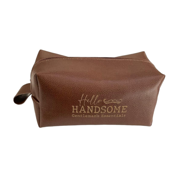 Mens Leather Cosmetic / Toiletry Gift Bag - Engraved: Hello Handsome