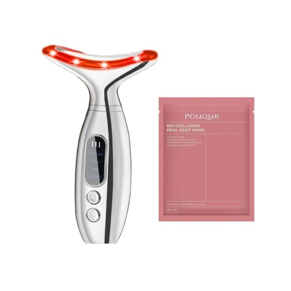 Neck &amp; Face Beauty Massager Device with Bio-Collagen Real Deep Mask