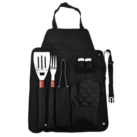 7 Pieces Set BBQ Cooking Tools Kit Wooden Utensil Set and BBQ Apron Image