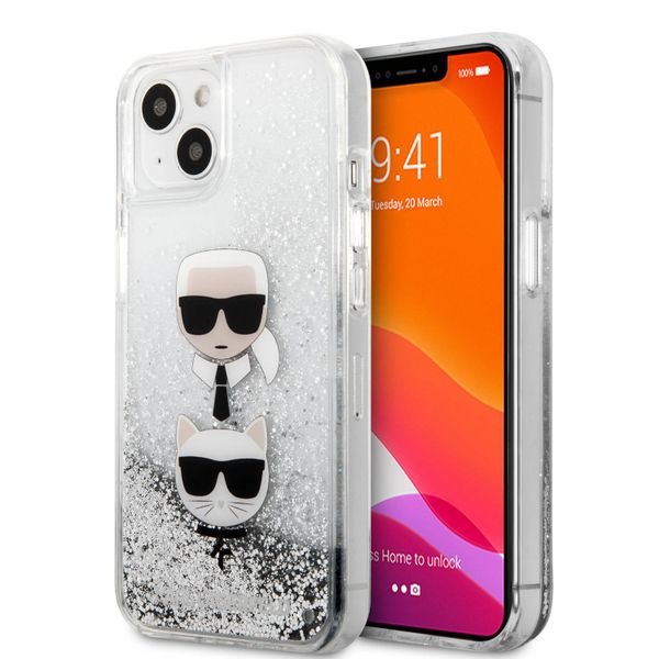 Karl Lagerfeld Silver Liquid Glitter Karl &amp; Choupette Head for iPhone 13