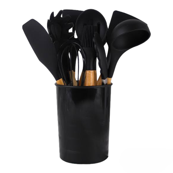 12 Piece Kitchen Utensil Set Black Silicone With Wooden Handle