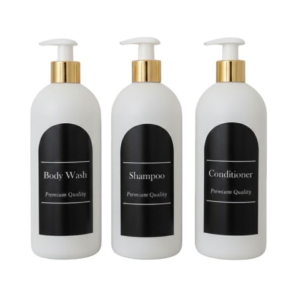 Refillable Bathroom Dispenser Bottle 500ml Set of 3 Black Round top label