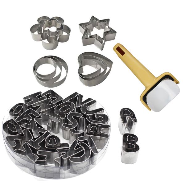 Baking Cookie Cutter Set of Shapes, Alphabet and Roller