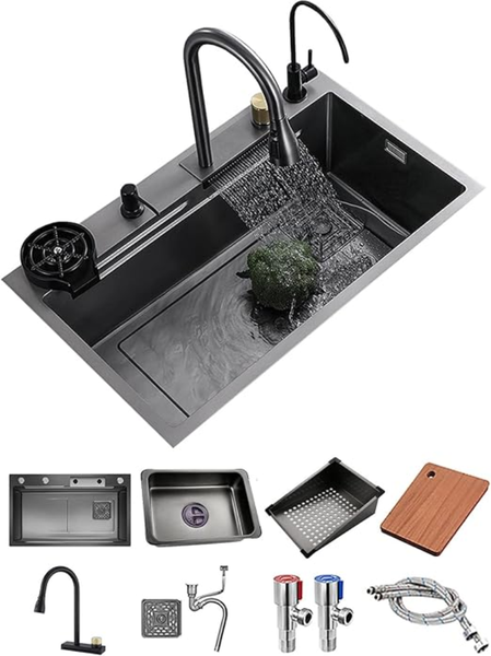 Kitchen Sink with Waterfall Faucet, Cup Cleaner Side Drain Nano Honeycomb