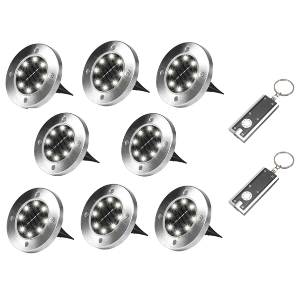 Solar Powered Ground Disc Lights with 2 x LED Keyring Torches - 8 Pack